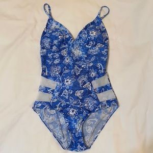 Bawdy Blue Tropical One Piece Swimsuit, Medium